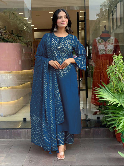 GoSriKi Women’s Viscose Rayon Straight Kurta Pant Dupatta Set | Bandhani Block Print Suit Set | Cotton Kurta Set with Dupatta Ethnic Dress | Festive Kurta Set