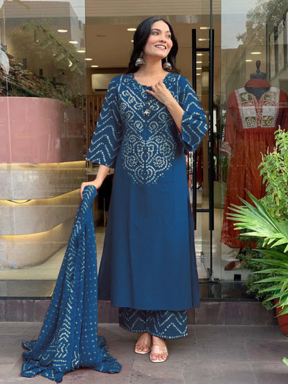 GoSriKi Women’s Viscose Rayon Straight Kurta Pant Dupatta Set | Bandhani Block Print Suit Set | Cotton Kurta Set with Dupatta Ethnic Dress | Festive Kurta Set