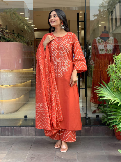 GoSriKi Women’s Viscose Rayon Straight Kurta Pant Dupatta Set | Bandhani Block Print Suit Set | Cotton Kurta Set with Dupatta Ethnic Dress | Festive Kurta Set