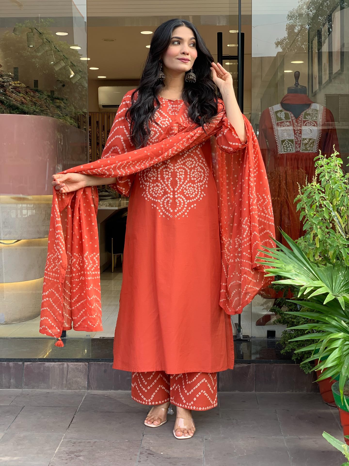 GoSriKi Women’s Viscose Rayon Straight Kurta Pant Dupatta Set | Bandhani Block Print Suit Set | Cotton Kurta Set with Dupatta Ethnic Dress | Festive Kurta Set