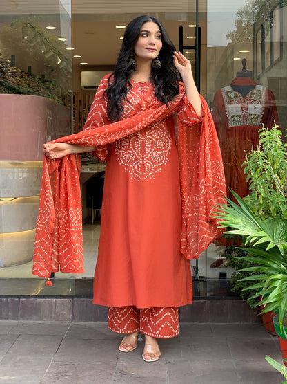 GoSriKi Women’s Viscose Rayon Straight Kurta Pant Dupatta Set | Bandhani Block Print Suit Set | Cotton Kurta Set with Dupatta Ethnic Dress | Festive Kurta Set