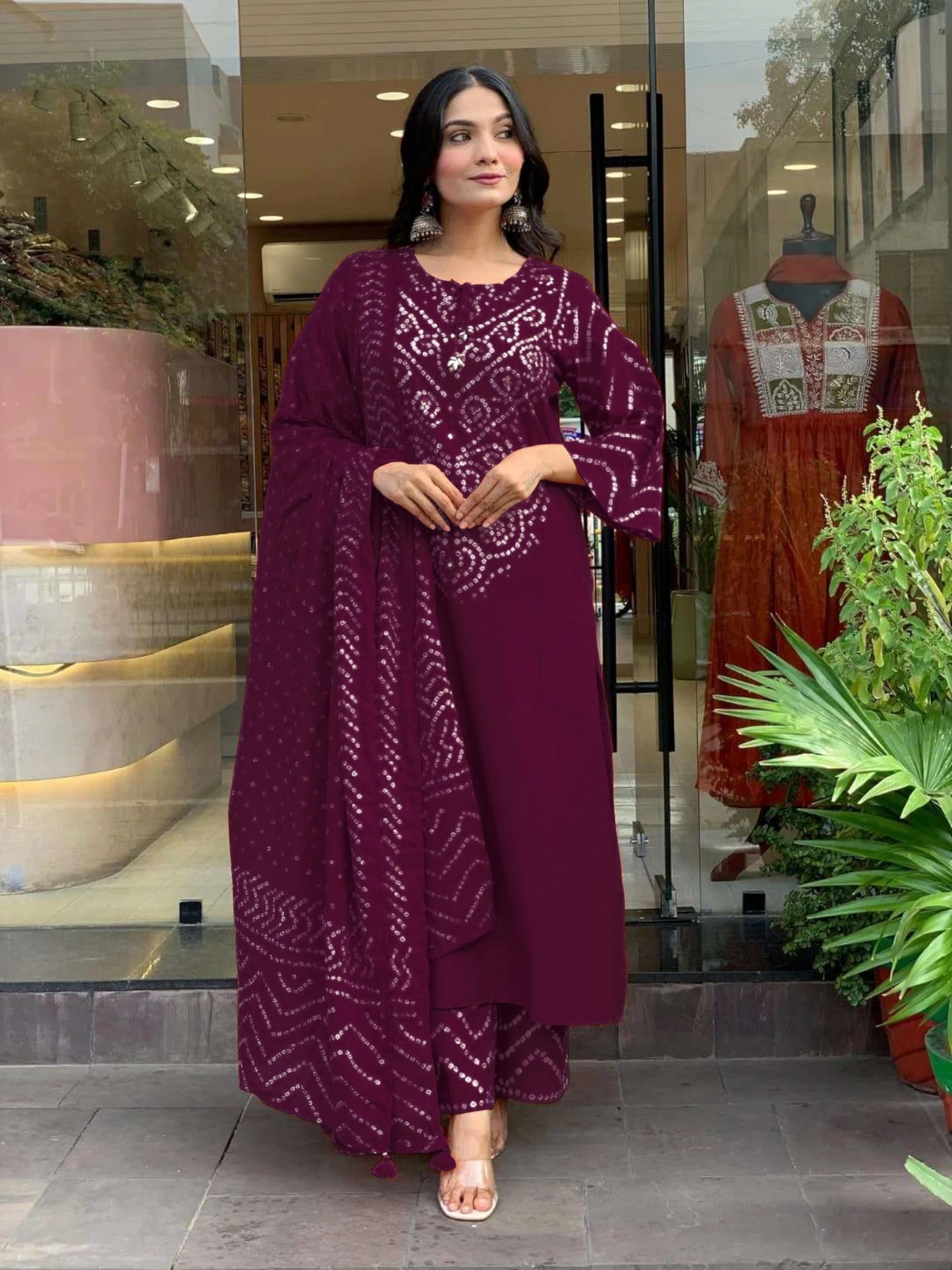 GoSriKi Women’s Viscose Rayon Straight Kurta Pant Dupatta Set | Bandhani Block Print Suit Set | Cotton Kurta Set with Dupatta Ethnic Dress | Festive Kurta Set