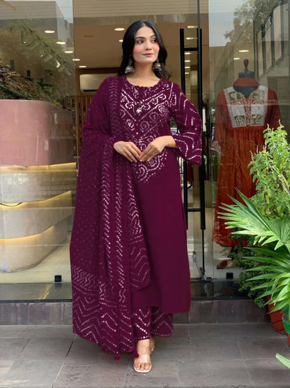 GoSriKi Women’s Viscose Rayon Straight Kurta Pant Dupatta Set | Bandhani Block Print Suit Set | Cotton Kurta Set with Dupatta Ethnic Dress | Festive Kurta Set