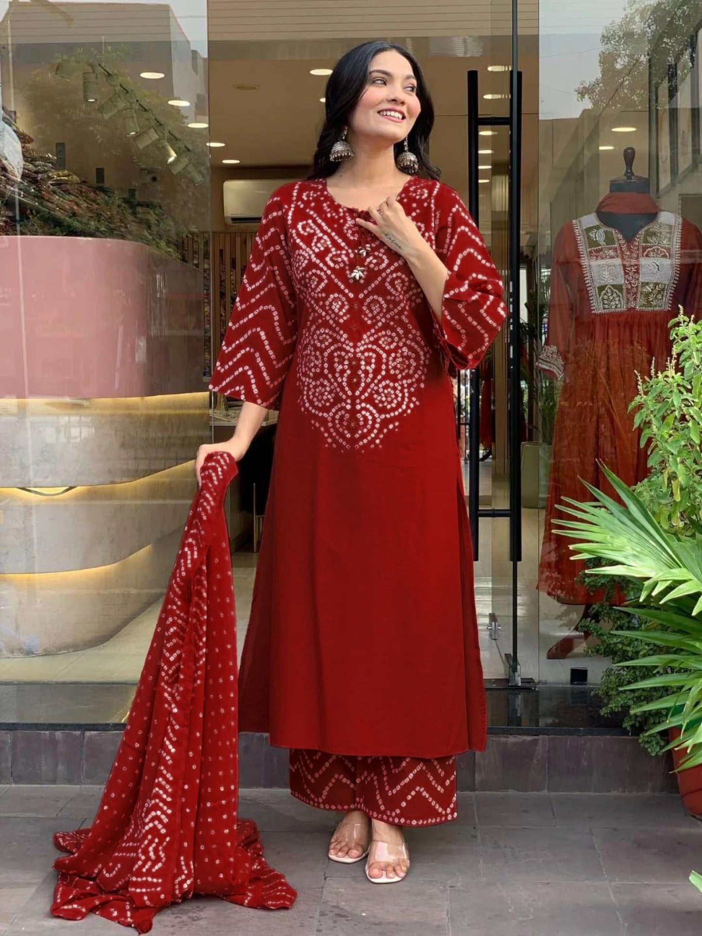 GoSriKi Women’s Viscose Rayon Straight Kurta Pant Dupatta Set | Bandhani Block Print Suit Set | Cotton Kurta Set with Dupatta Ethnic Dress | Festive Kurta Set