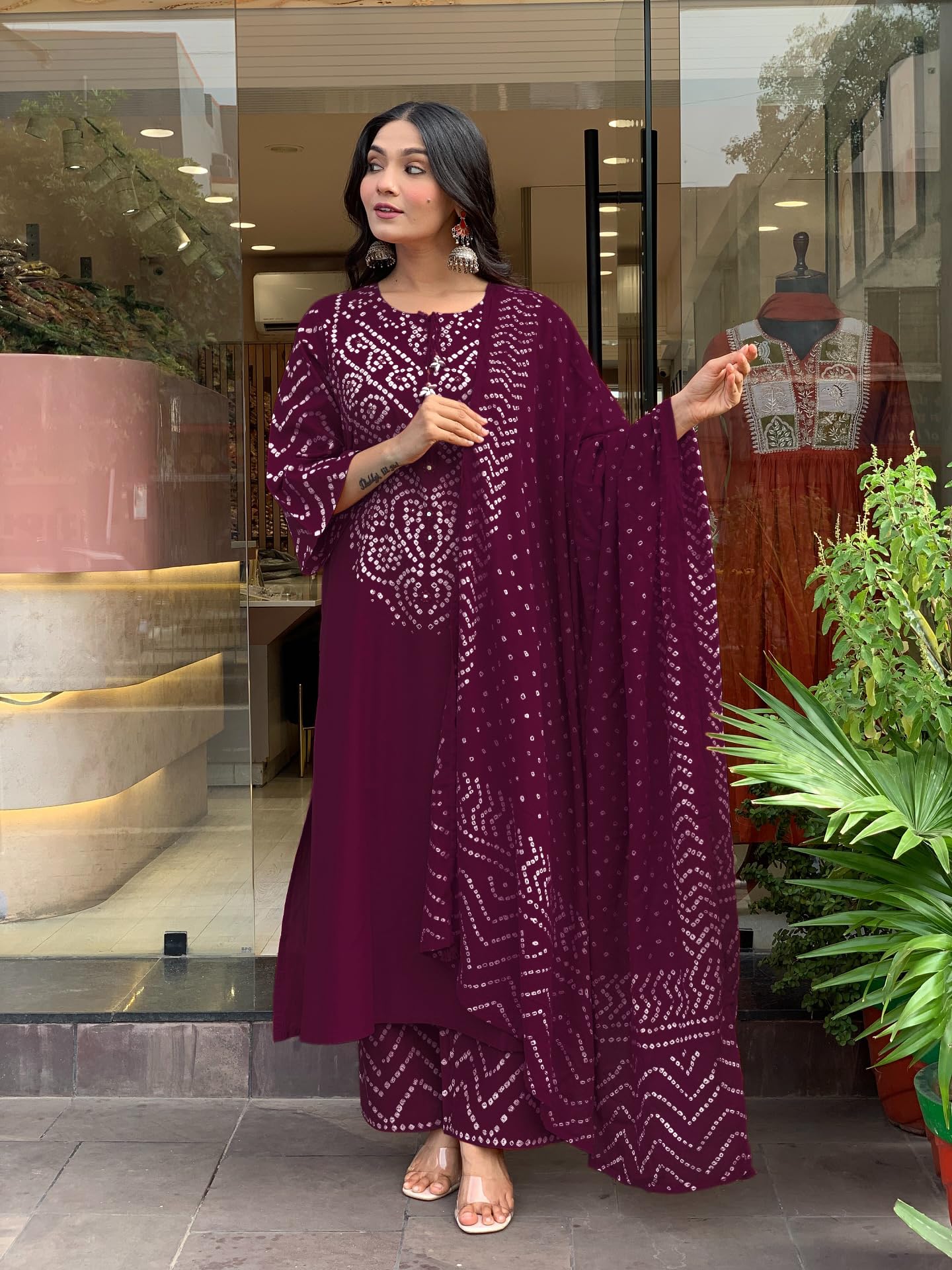 GoSriKi Women’s Viscose Rayon Straight Kurta Pant Dupatta Set | Bandhani Block Print Suit Set | Cotton Kurta Set with Dupatta Ethnic Dress | Festive Kurta Set