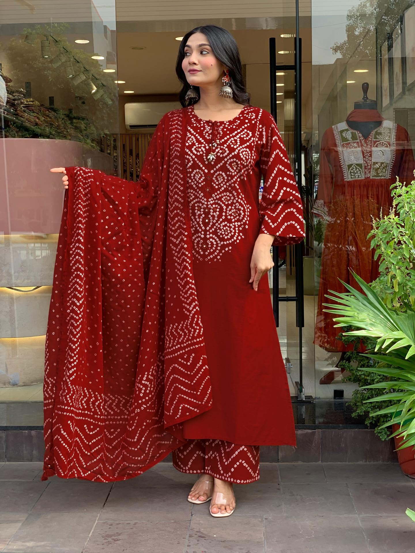 GoSriKi Women’s Viscose Rayon Straight Kurta Pant Dupatta Set | Bandhani Block Print Suit Set | Cotton Kurta Set with Dupatta Ethnic Dress | Festive Kurta Set