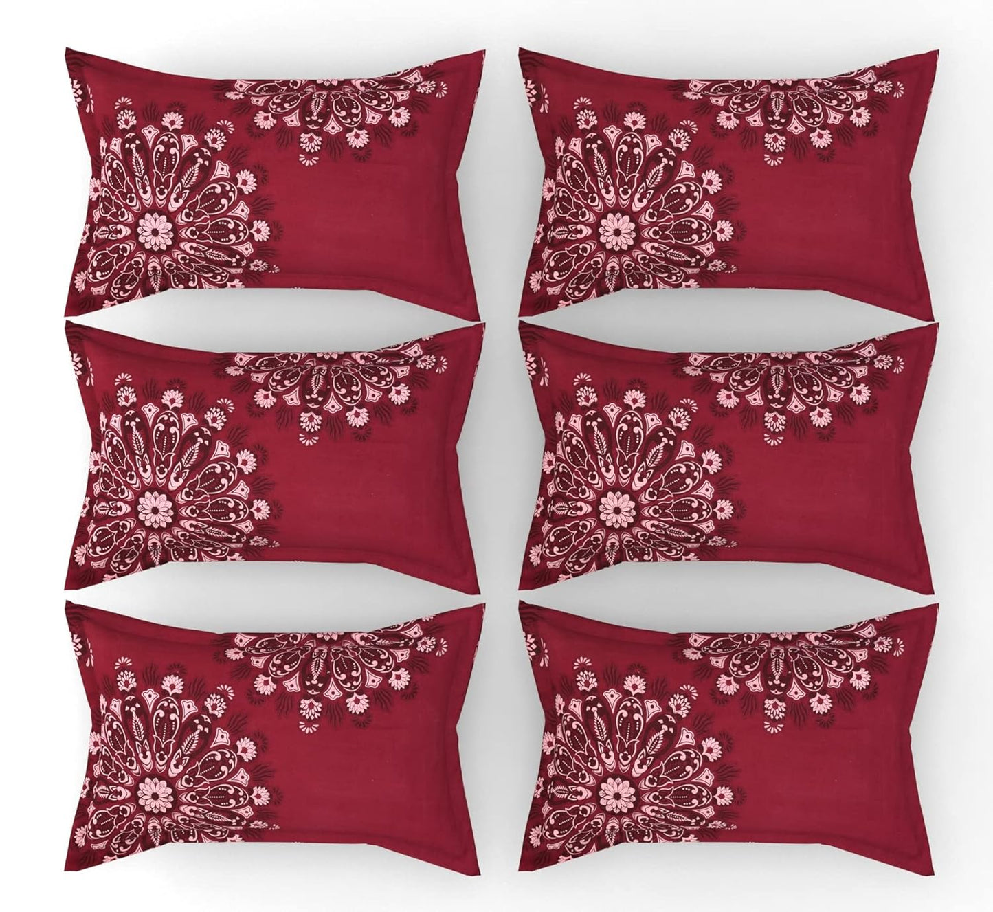 Floral Design Zig Zag Stitching King Size Set of 6 Glace Cotton Pillow Covers/Pillow Case-20 x 30 Inches, 50 cm x 75 cm