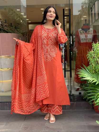GoSriKi Women’s Viscose Rayon Straight Kurta Pant Dupatta Set | Bandhani Block Print Suit Set | Cotton Kurta Set with Dupatta Ethnic Dress | Festive Kurta Set