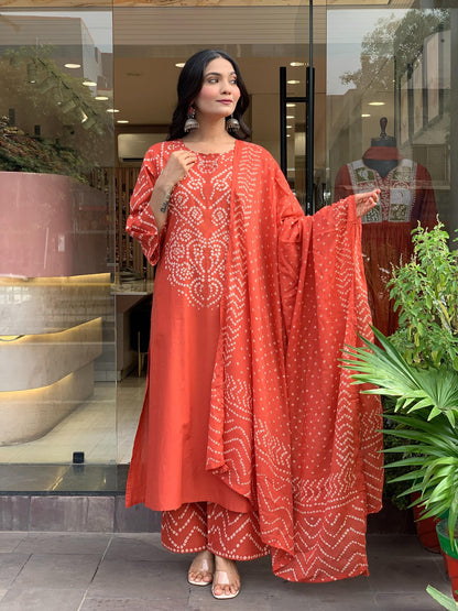 GoSriKi Women’s Viscose Rayon Straight Kurta Pant Dupatta Set | Bandhani Block Print Suit Set | Cotton Kurta Set with Dupatta Ethnic Dress | Festive Kurta Set
