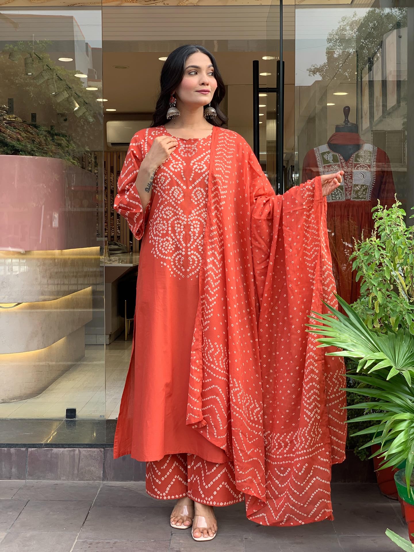 GoSriKi Women’s Viscose Rayon Straight Kurta Pant Dupatta Set | Bandhani Block Print Suit Set | Cotton Kurta Set with Dupatta Ethnic Dress | Festive Kurta Set