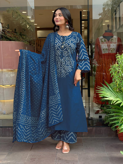 GoSriKi Women’s Viscose Rayon Straight Kurta Pant Dupatta Set | Bandhani Block Print Suit Set | Cotton Kurta Set with Dupatta Ethnic Dress | Festive Kurta Set