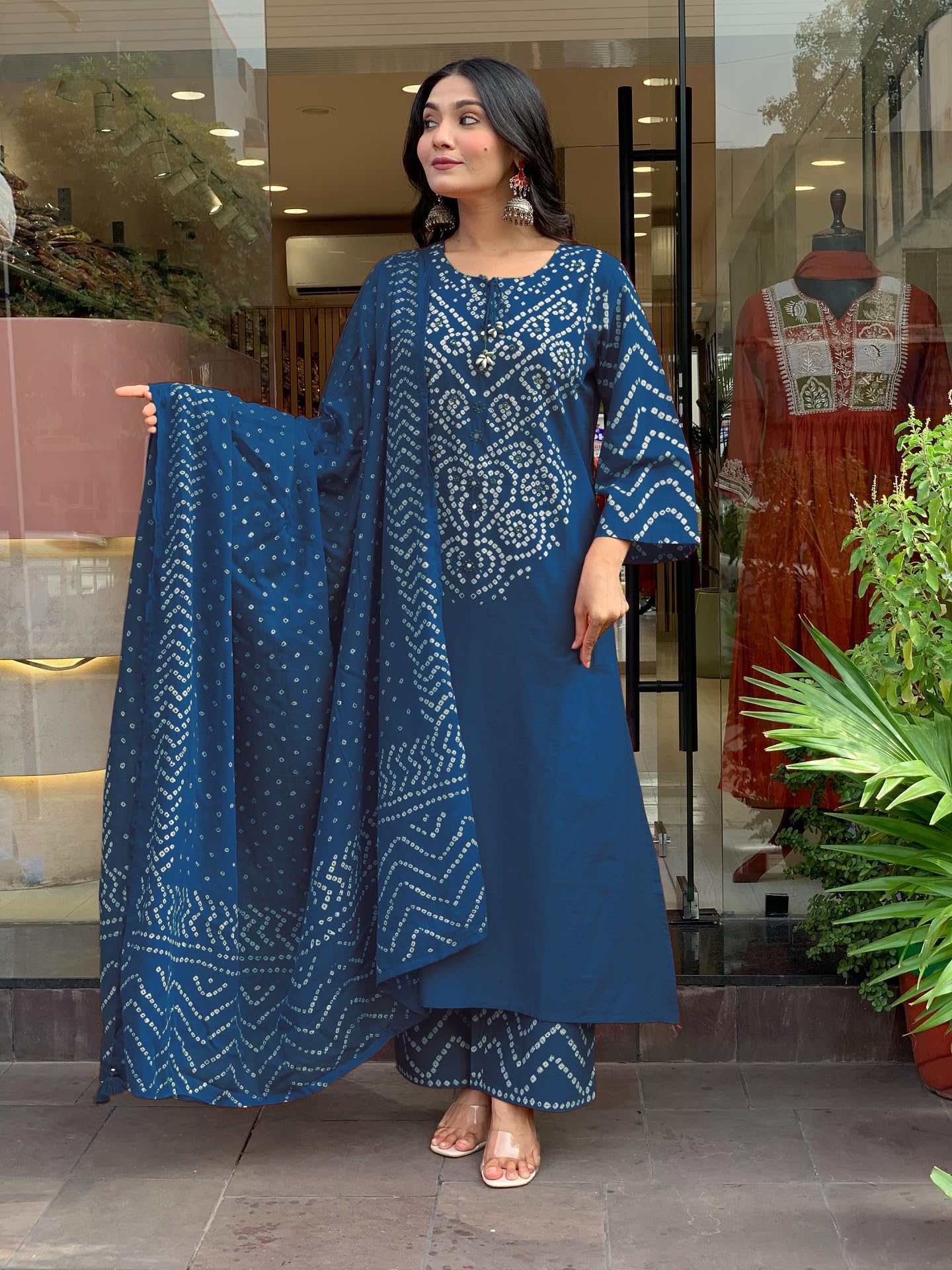 GoSriKi Women’s Viscose Rayon Straight Kurta Pant Dupatta Set | Bandhani Block Print Suit Set | Cotton Kurta Set with Dupatta Ethnic Dress | Festive Kurta Set