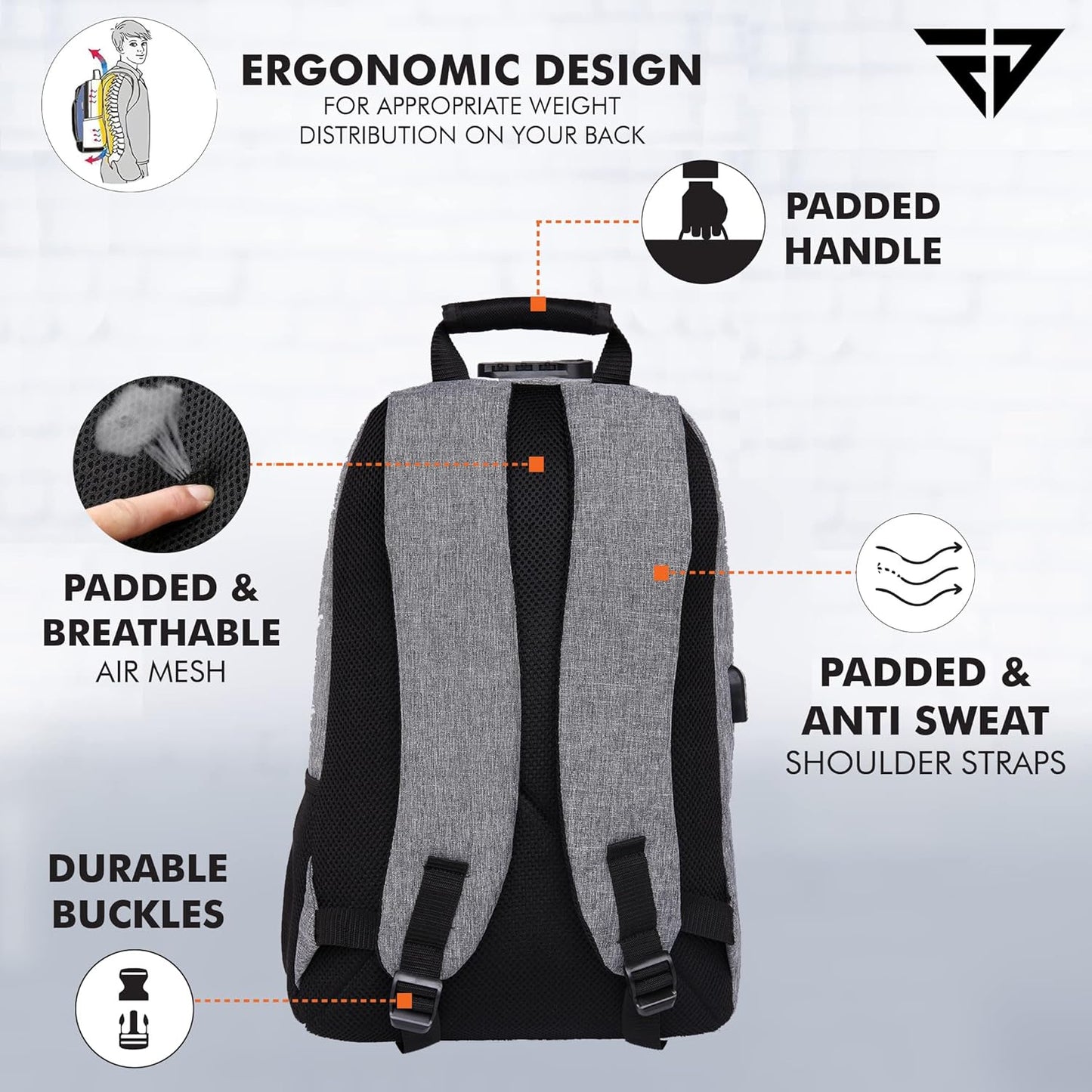 FUR JADEN Anti Theft Number Lock Backpack Bag with 15.6 Inch Laptop Compartment, USB Charging Port & Organizer Pocket for Men Women Boys Girls