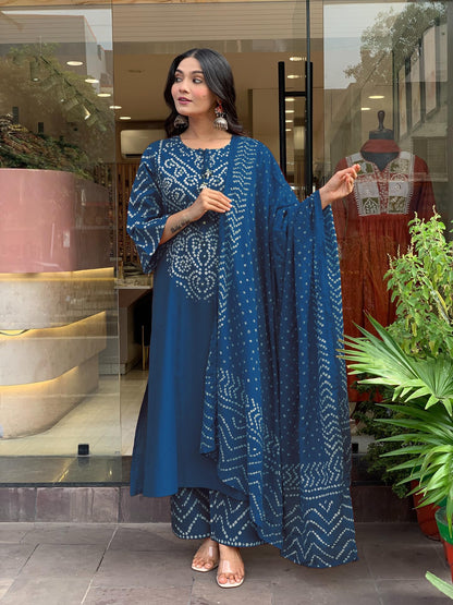 GoSriKi Women’s Viscose Rayon Straight Kurta Pant Dupatta Set | Bandhani Block Print Suit Set | Cotton Kurta Set with Dupatta Ethnic Dress | Festive Kurta Set