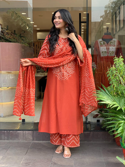 GoSriKi Women’s Viscose Rayon Straight Kurta Pant Dupatta Set | Bandhani Block Print Suit Set | Cotton Kurta Set with Dupatta Ethnic Dress | Festive Kurta Set
