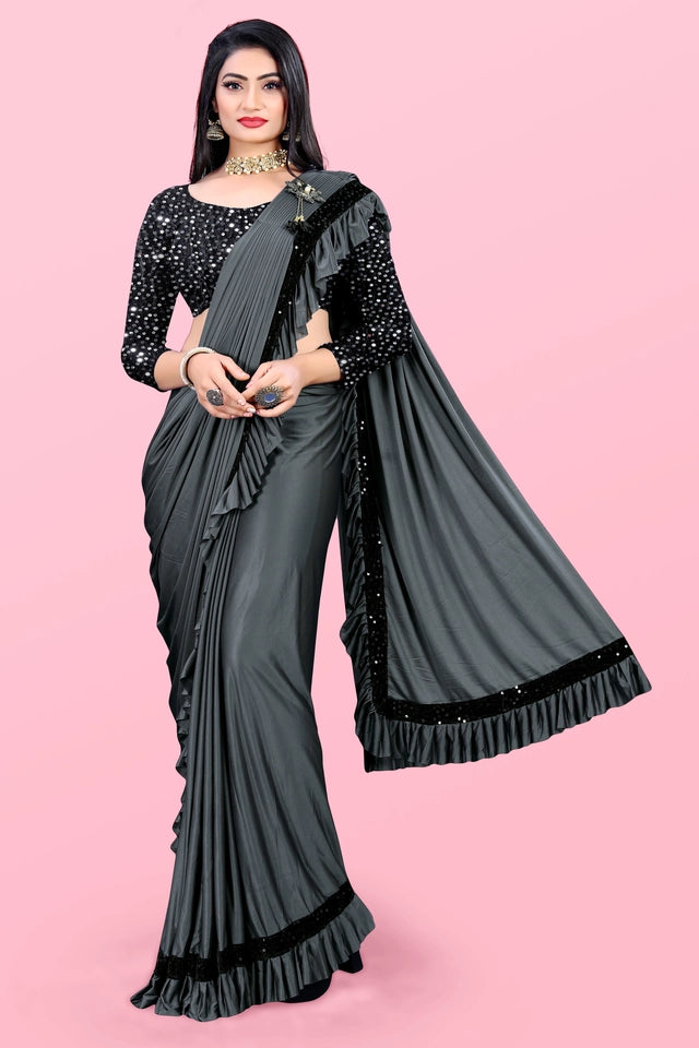 Lycra Blend Solid Saree for Women (Maroon, 6.3 m)